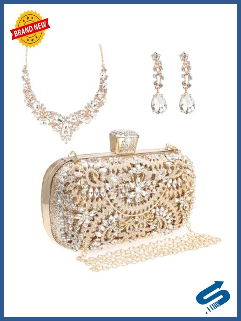 Rhinestone Sequin Clutch Evening Bag with Necklace Earrings Set Wedding Prom